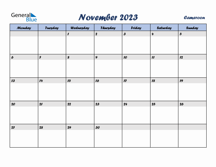 November 2023 Calendar with Holidays in Cameroon