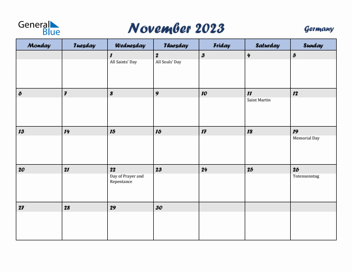 November 2023 Calendar with Holidays in Germany