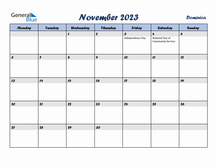 November 2023 Calendar with Holidays in Dominica