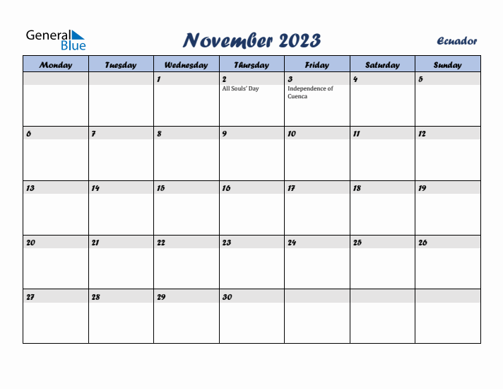 November 2023 Calendar with Holidays in Ecuador