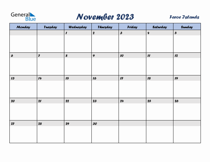 November 2023 Calendar with Holidays in Faroe Islands