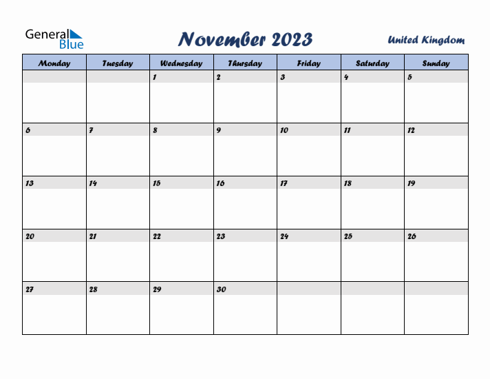November 2023 Calendar with Holidays in United Kingdom