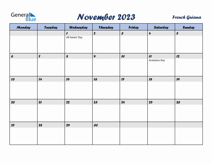 November 2023 Calendar with Holidays in French Guiana