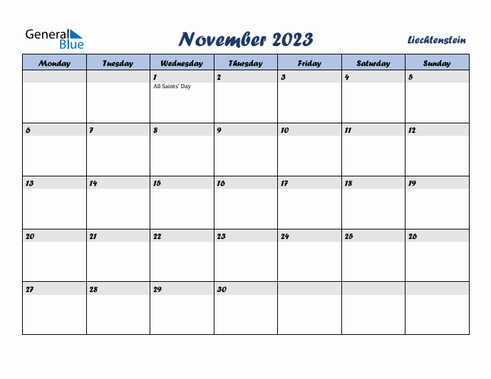 November 2023 Calendar with Holidays in Liechtenstein