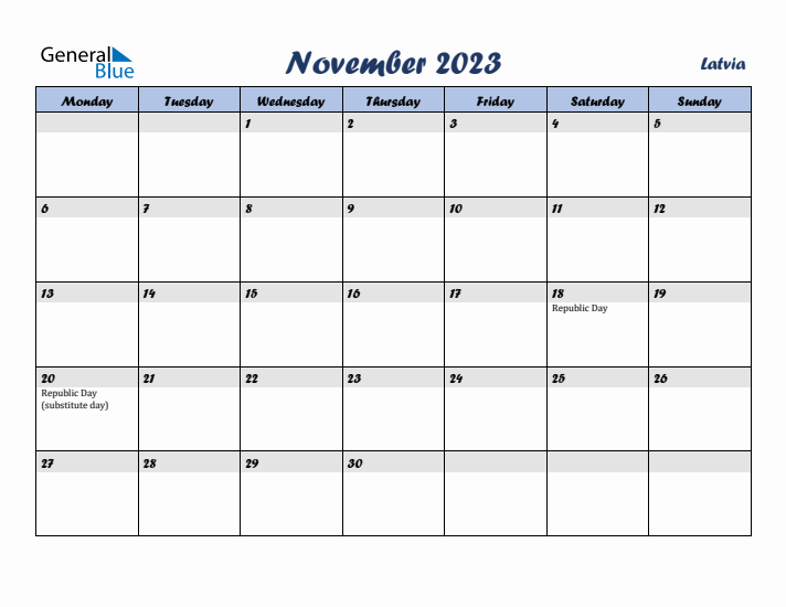November 2023 Calendar with Holidays in Latvia