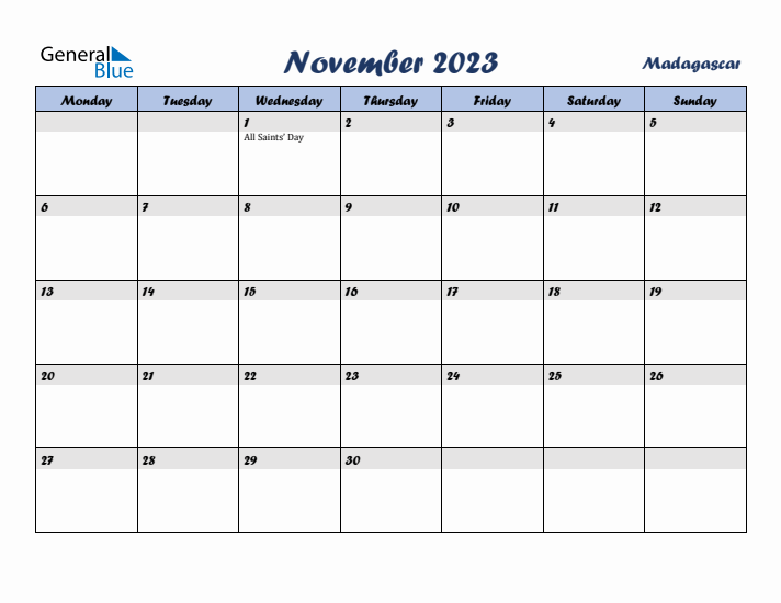 November 2023 Calendar with Holidays in Madagascar