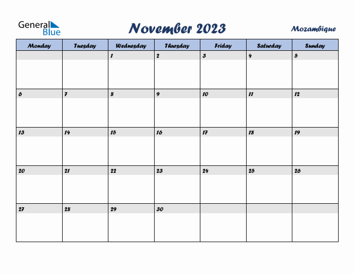 November 2023 Calendar with Holidays in Mozambique
