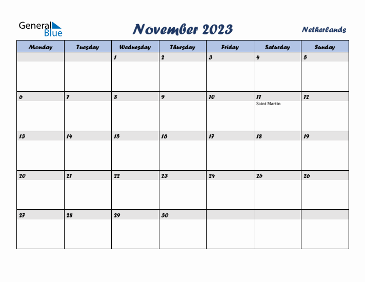 November 2023 Calendar with Holidays in The Netherlands