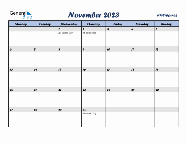 November 2023 Calendar with Holidays in Philippines
