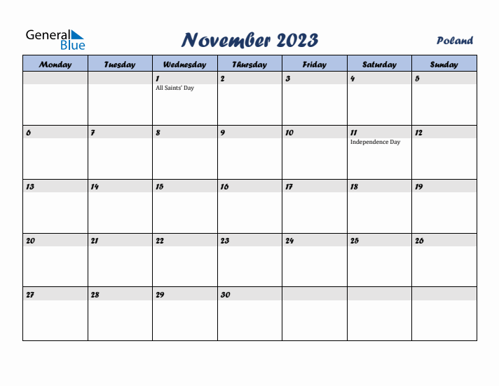 November 2023 Calendar with Holidays in Poland