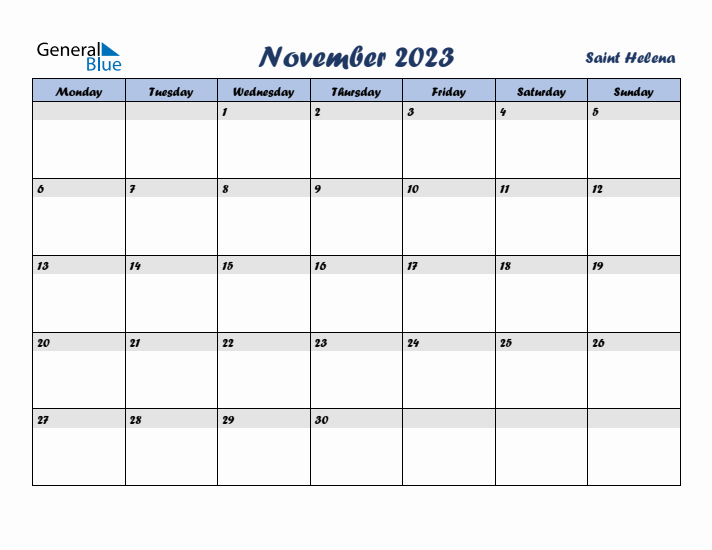 November 2023 Calendar with Holidays in Saint Helena
