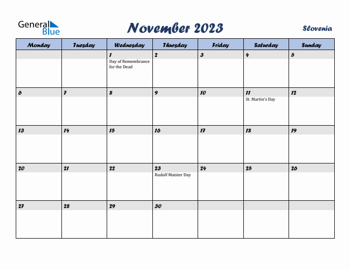 November 2023 Calendar with Holidays in Slovenia