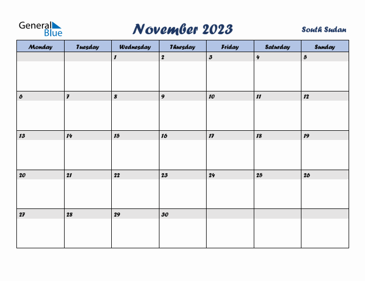 November 2023 Calendar with Holidays in South Sudan