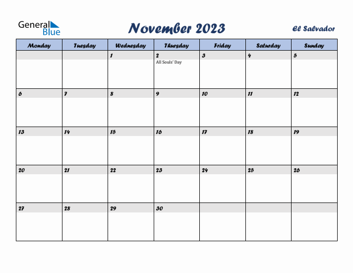 November 2023 Calendar with Holidays in El Salvador