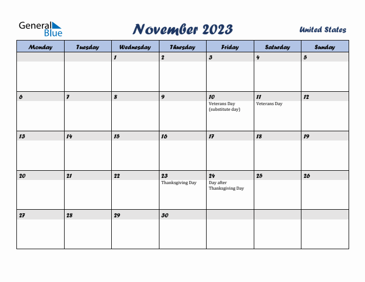 November 2023 Calendar with Holidays in United States