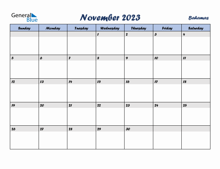 November 2023 Calendar with Holidays in Bahamas