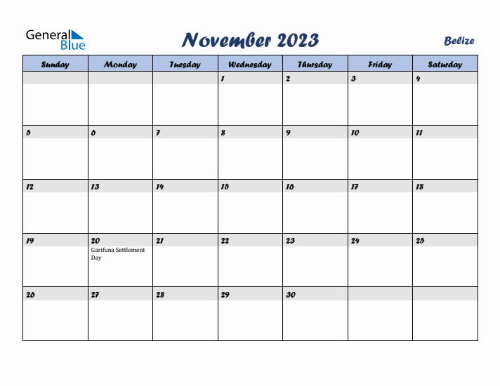 November 2023 Calendar with Holidays in Belize