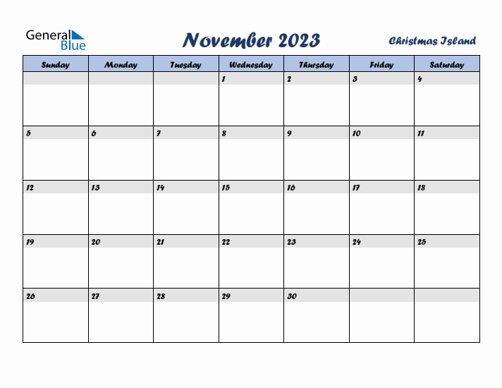 November 2023 Calendar with Holidays in Christmas Island