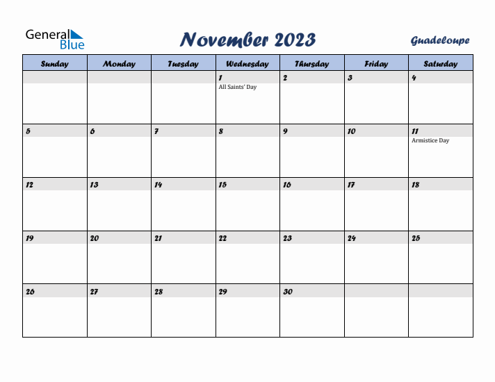 November 2023 Calendar with Holidays in Guadeloupe