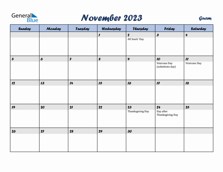 November 2023 Calendar with Holidays in Guam
