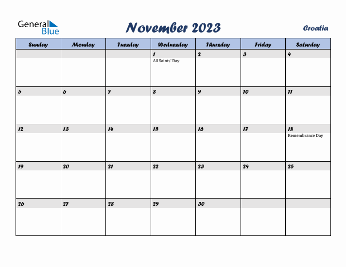 November 2023 Calendar with Holidays in Croatia