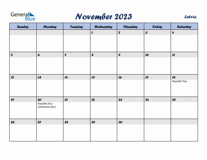 November 2023 Calendar with Holidays in Latvia