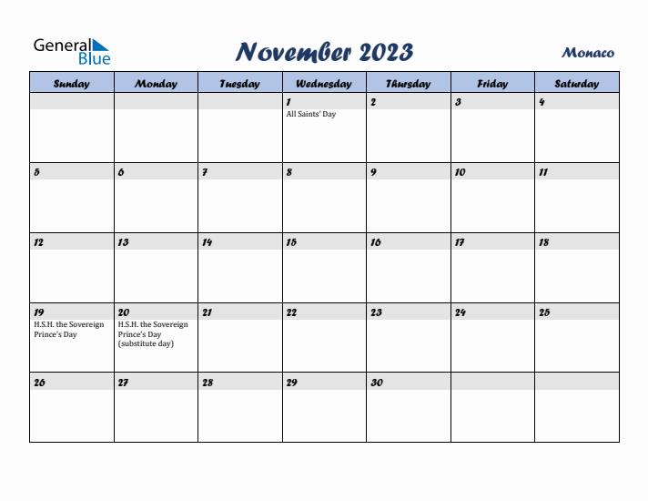 November 2023 Calendar with Holidays in Monaco