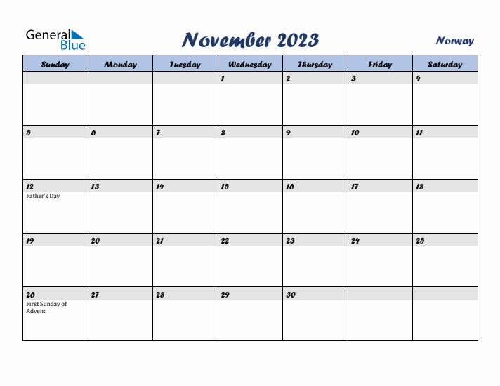 November 2023 Calendar with Holidays in Norway