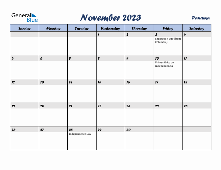 November 2023 Calendar with Holidays in Panama