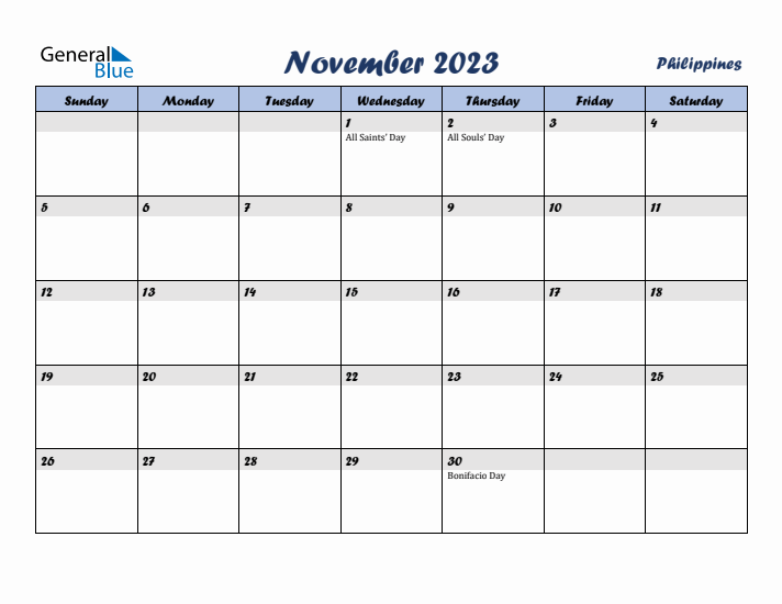 November 2023 Calendar with Holidays in Philippines