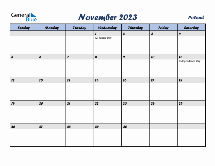 November 2023 Calendar with Holidays in Poland