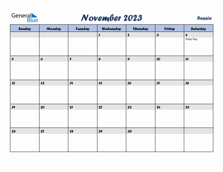 November 2023 Calendar with Holidays in Russia