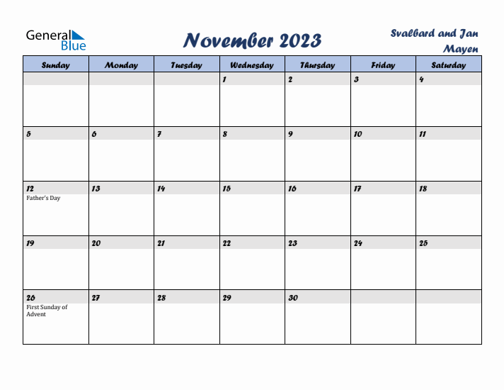 November 2023 Calendar with Holidays in Svalbard and Jan Mayen