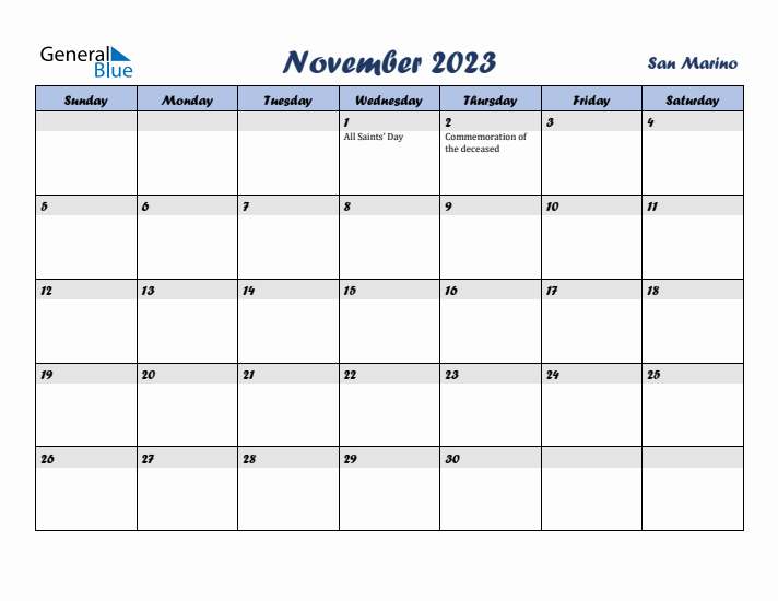November 2023 Calendar with Holidays in San Marino