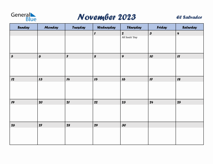 November 2023 Calendar with Holidays in El Salvador