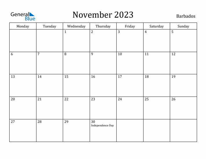 November 2023 Calendar Barbados