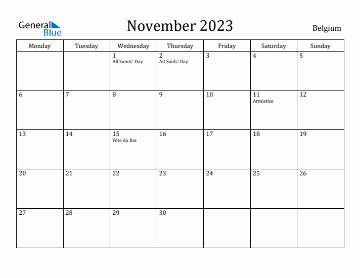 November 2023 Calendar Belgium