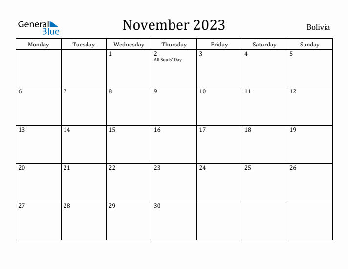 November 2023 Calendar Bolivia