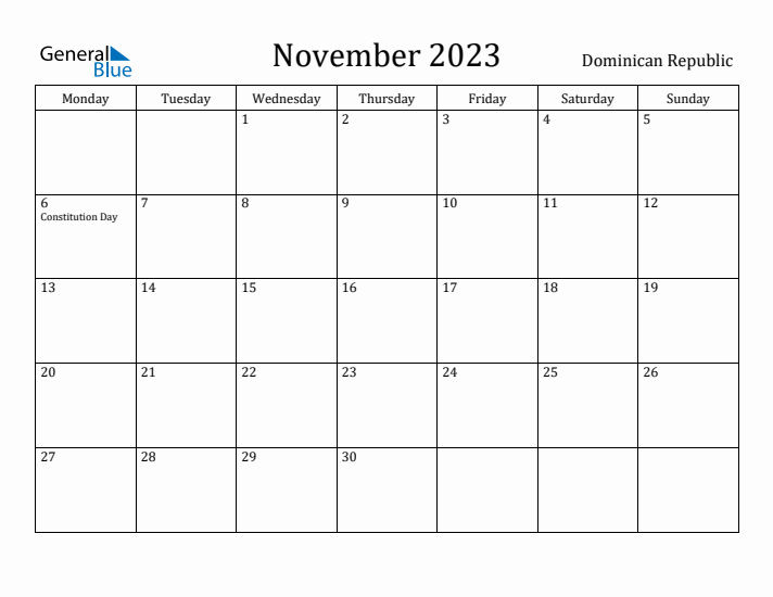 November 2023 Calendar Dominican Republic