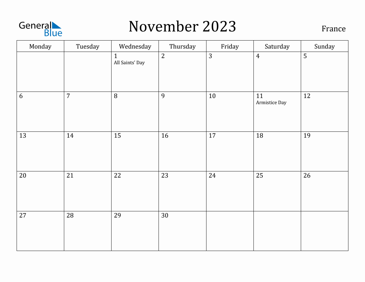 November 2023 France Monthly Calendar with Holidays