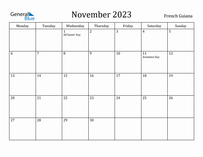 November 2023 Calendar French Guiana