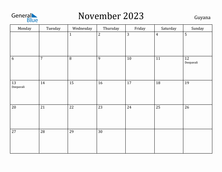 November 2023 Calendar Guyana
