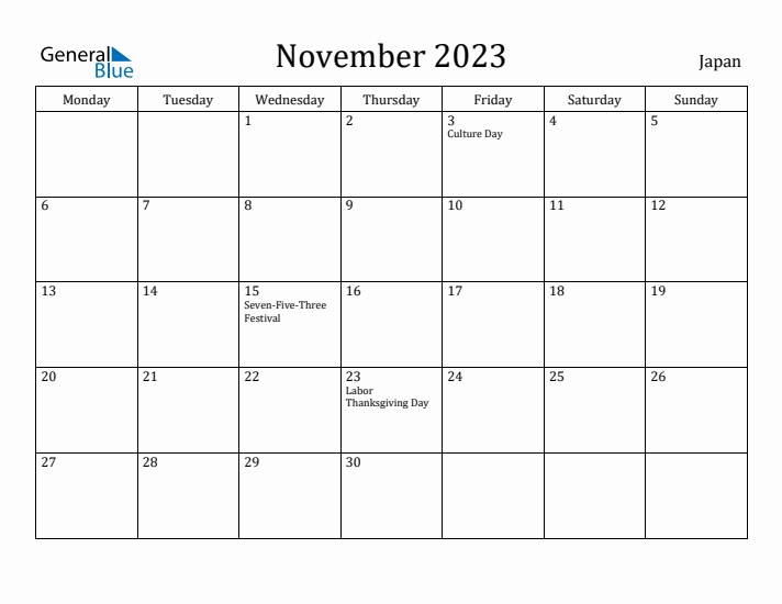 November 2023 Calendar Japan