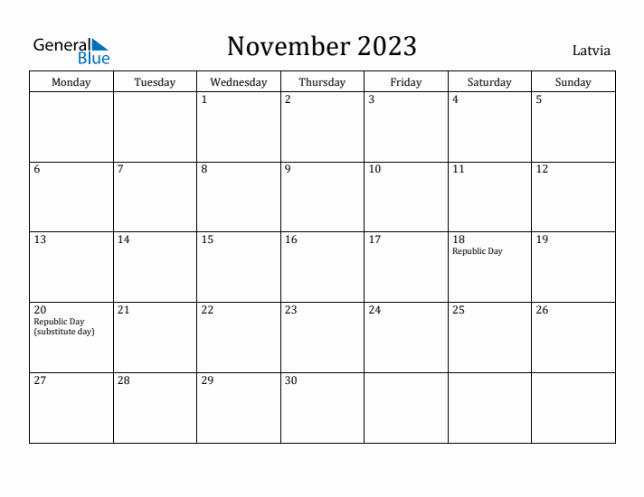 November 2023 Calendar Latvia