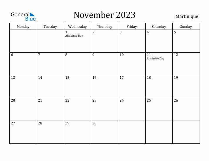 November 2023 Calendar Martinique