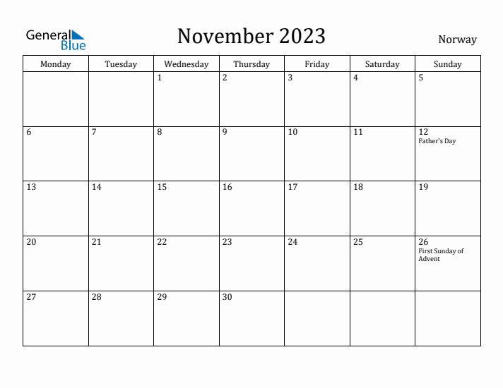 November 2023 Calendar Norway