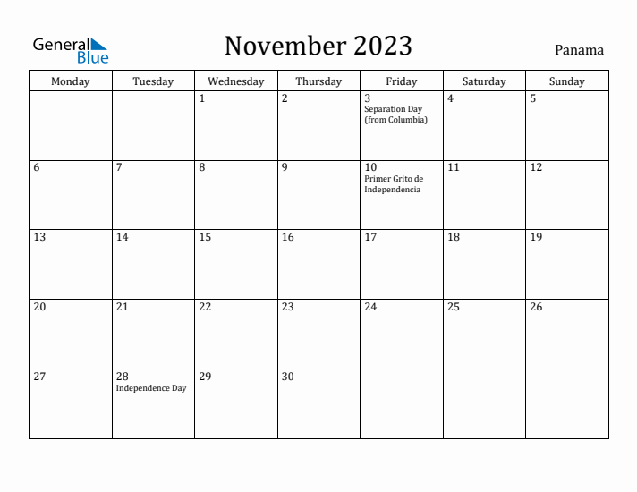 November 2023 Calendar Panama