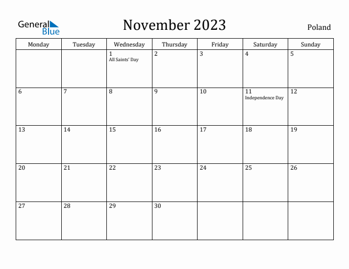 November 2023 Calendar Poland