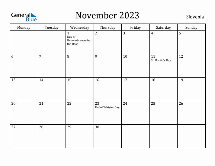 November 2023 Calendar Slovenia