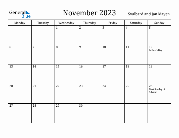 November 2023 Calendar Svalbard and Jan Mayen